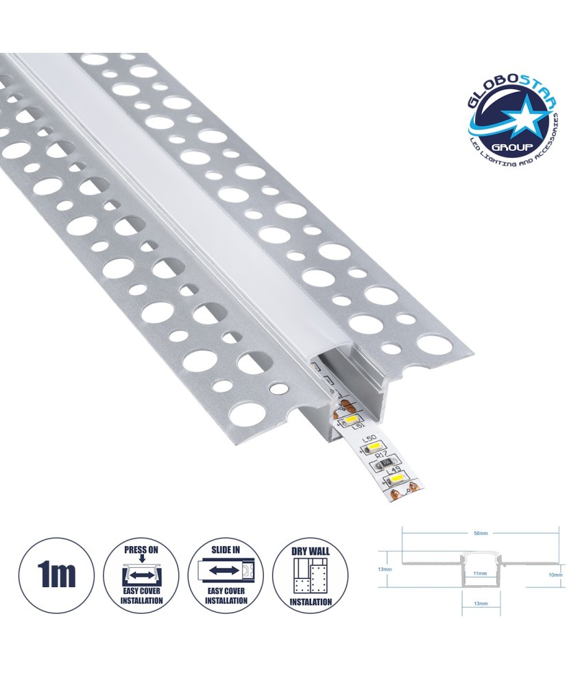 GloboStar® PLASTERBOARD-PROFILE 70838-1M Προφίλ Αλουμινίου - Βάση & Ψύκτρα Ταινίας LED με Λευκό Γαλακτερό Κάλυμμα - Χωνευτή Χρήση σε Γυψοσανίδα - Trimless - Πατητό Κάλυμμα - Ασημί - 1 Μέτρο - Μ100 x Π5.6 x Υ1.5cm